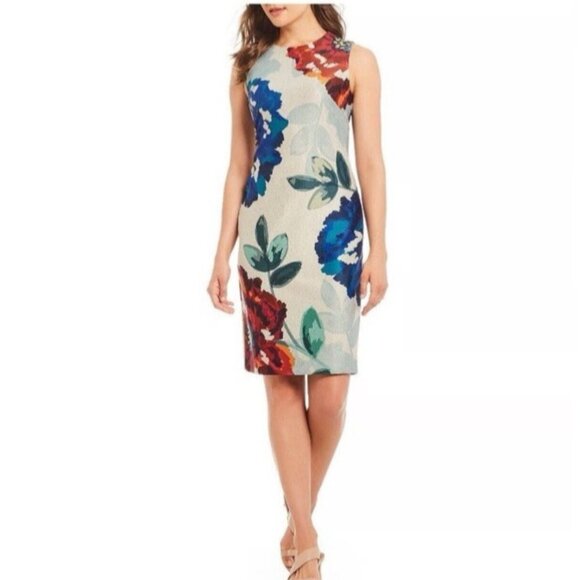 Calvin Klein Dress 10 Gray Floral Scuba Stretch Career Below Knee Sleeveless - Picture 1 of 9